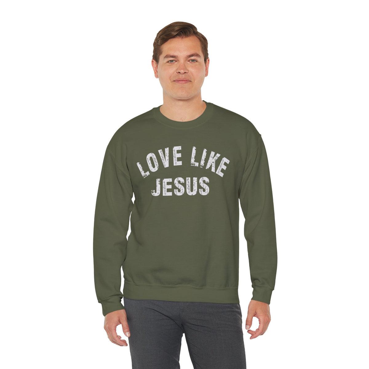 Love Like Jesus - Distressed – Gildan Heavy Blend | Trendy Men's and Women’s Soft Sweatshirt. Direct to Garment. Printed & Shipped in the USA. Unisex Sizes.