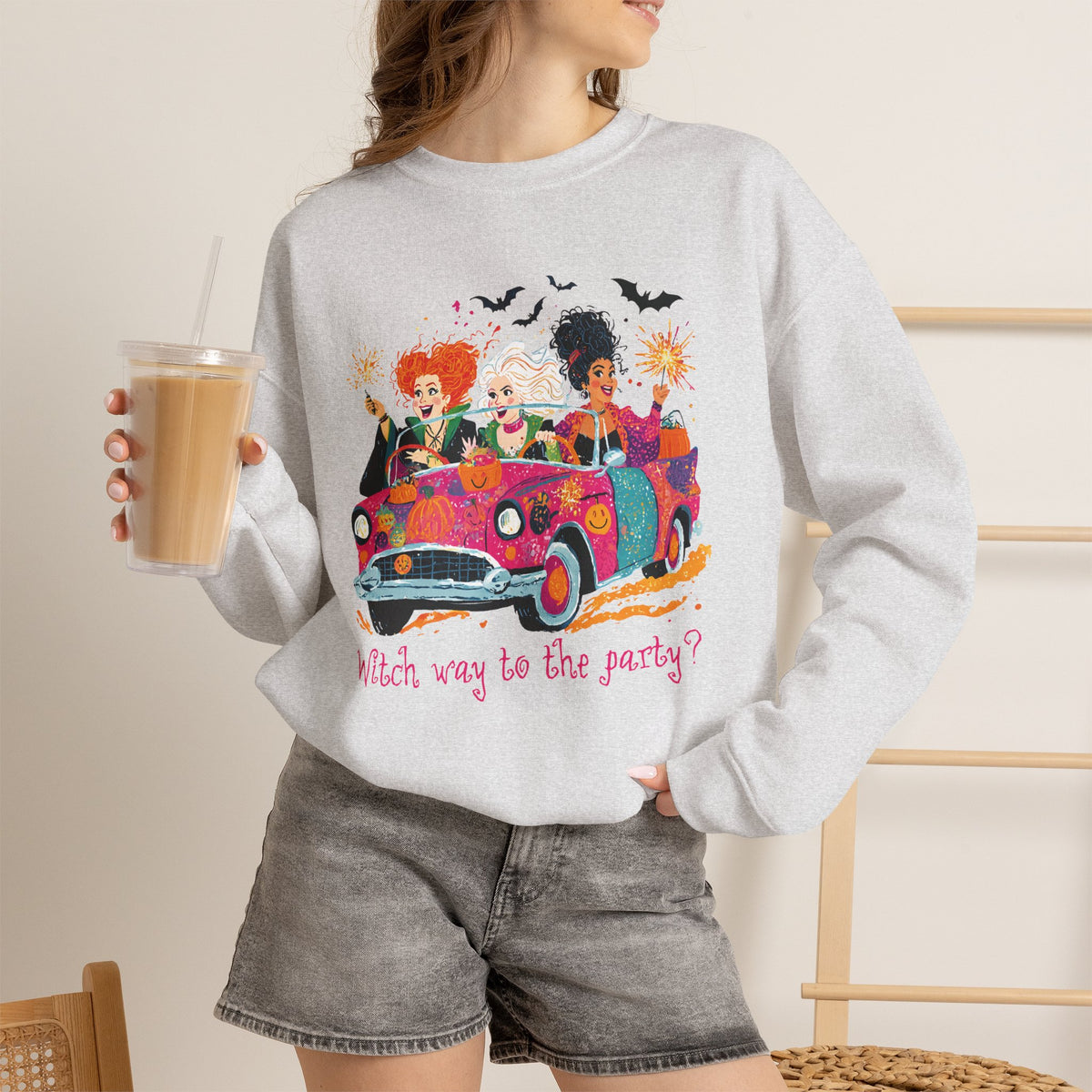 Witch Way to the Party? – Gildan Heavy Blend | Trendy Women’s Soft Sweatshirt. Direct to Garment. Printed & Shipped in the USA. Unisex Sizes.