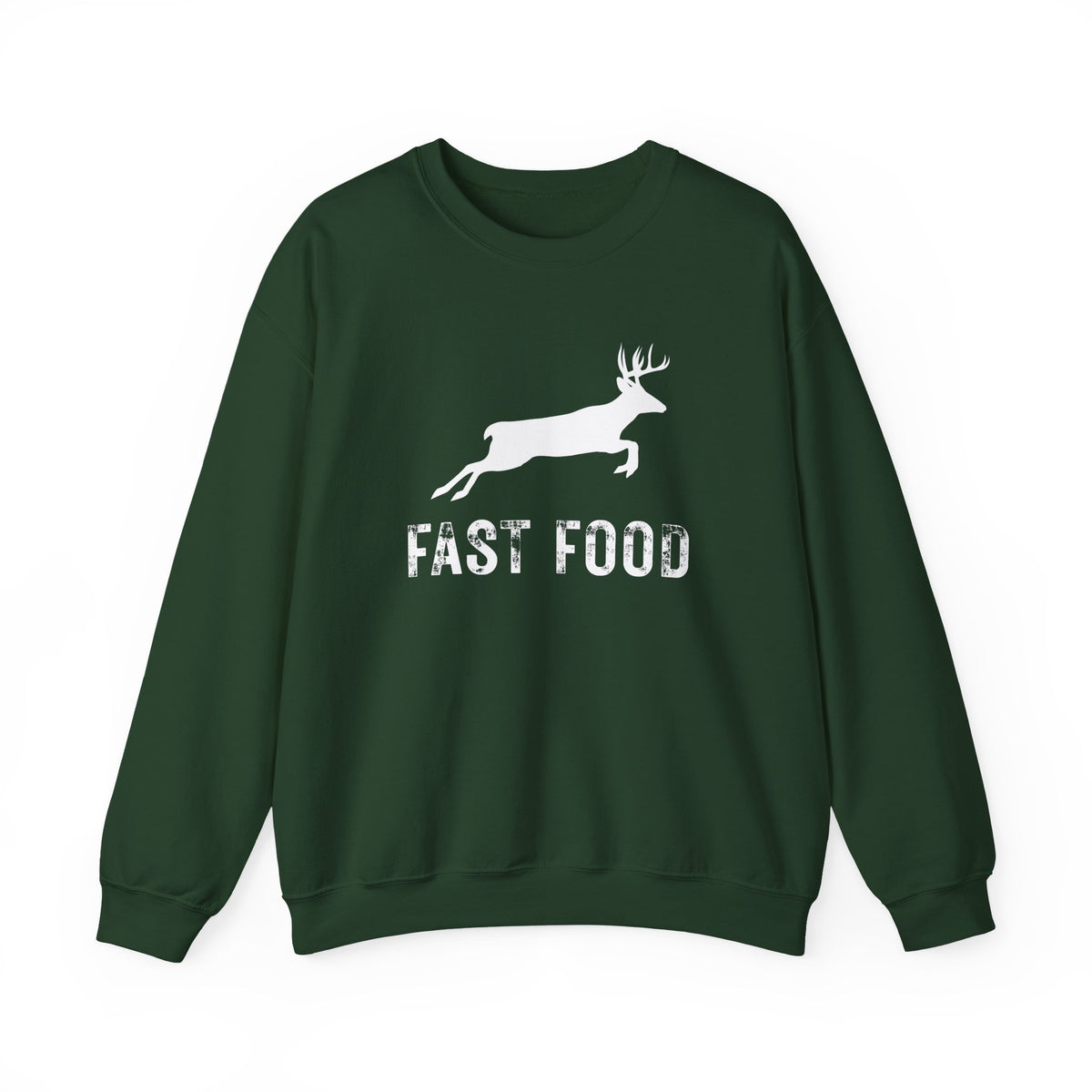 Fast Food Deer Hunting Humor Distressed – Gildan Heavy Blend | Trendy Men's and Women’s Soft Sweatshirt. Direct to Garment. Printed & Shipped in the USA. Unisex Sizes.