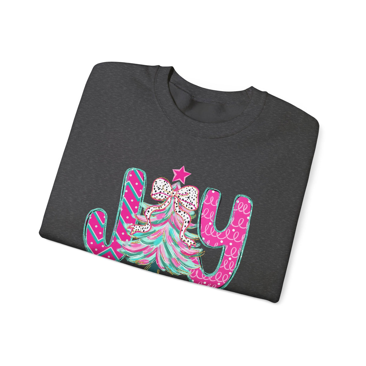 Joy to the World w/Christmas Tree Pink and Teal – Gildan Heavy Blend | Trendy Women’s Soft Sweatshirt. Direct to Garment. Printed & Shipped in the USA. Unisex Sizes.