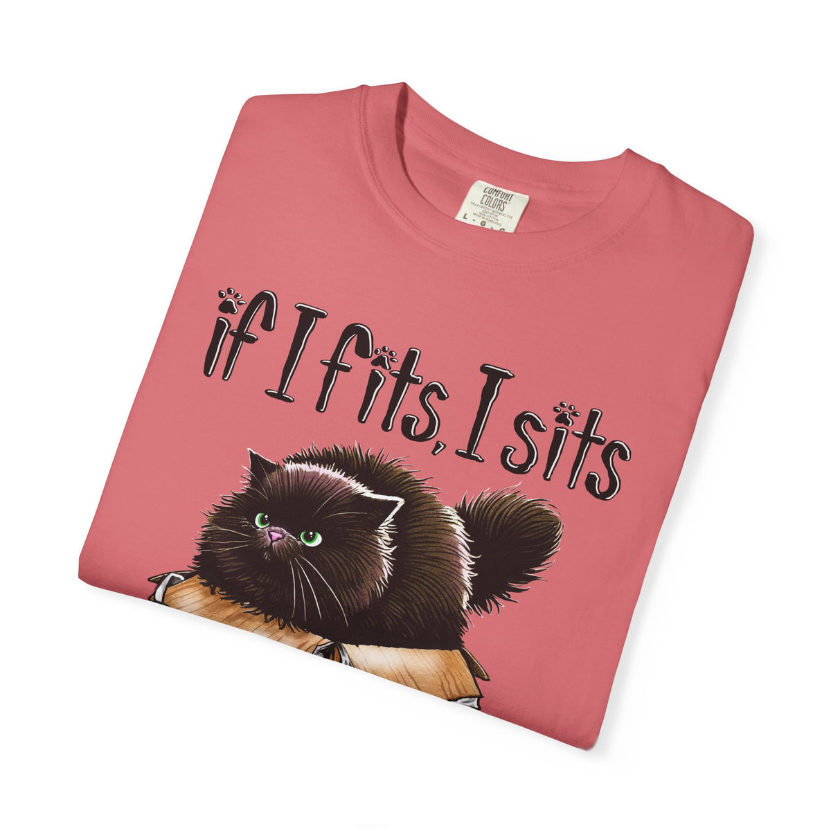 If I Fits I Sits, Cat in a Box - Comfort Colors | Trendy Women's and Men's T-Shirt. Direct to Garment. Printed & Shipped in the USA. Unisex Sizes.