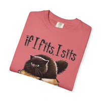 If I Fits I Sits, Cat in a Box - Comfort Colors | Trendy Women's and Men's T-Shirt. Direct to Garment. Printed & Shipped in the USA. Unisex Sizes.