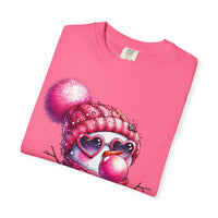 Pink Girly Snowman with Heart Sunglasses and Bubblegum Winter - Comfort Colors | Trendy Women's T-Shirt. Direct to Garment. Printed & Shipped in the USA. Unisex Sizes.