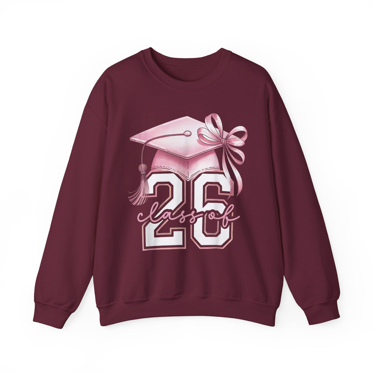 Pink Coquette, Class of 2026 26 Graduation, Pink Cap – Gildan Heavy Blend | Trendy Women’s Soft Sweatshirt. Direct to Garment. Printed & Shipped in the USA. Unisex Sizes.