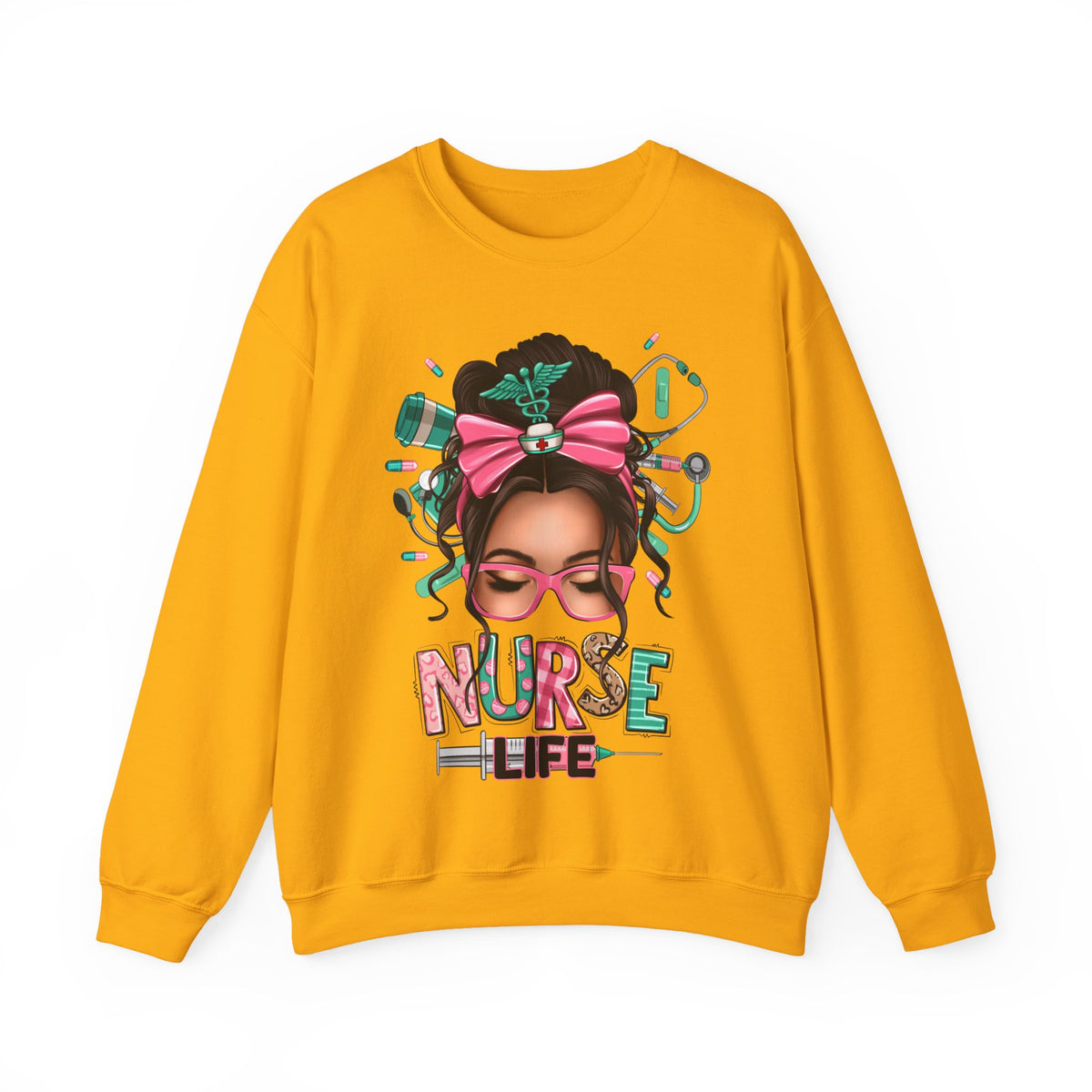 Nurse Life Messy Bun, Cute Stethoscope & Syringe – Gildan Heavy Blend | Trendy Women’s Soft Sweatshirt. Direct to Garment. Printed & Shipped in the USA. Unisex Sizes.