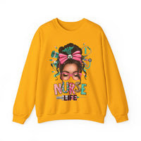 Nurse Life Messy Bun, Cute Stethoscope & Syringe – Gildan Heavy Blend | Trendy Women’s Soft Sweatshirt. Direct to Garment. Printed & Shipped in the USA. Unisex Sizes.