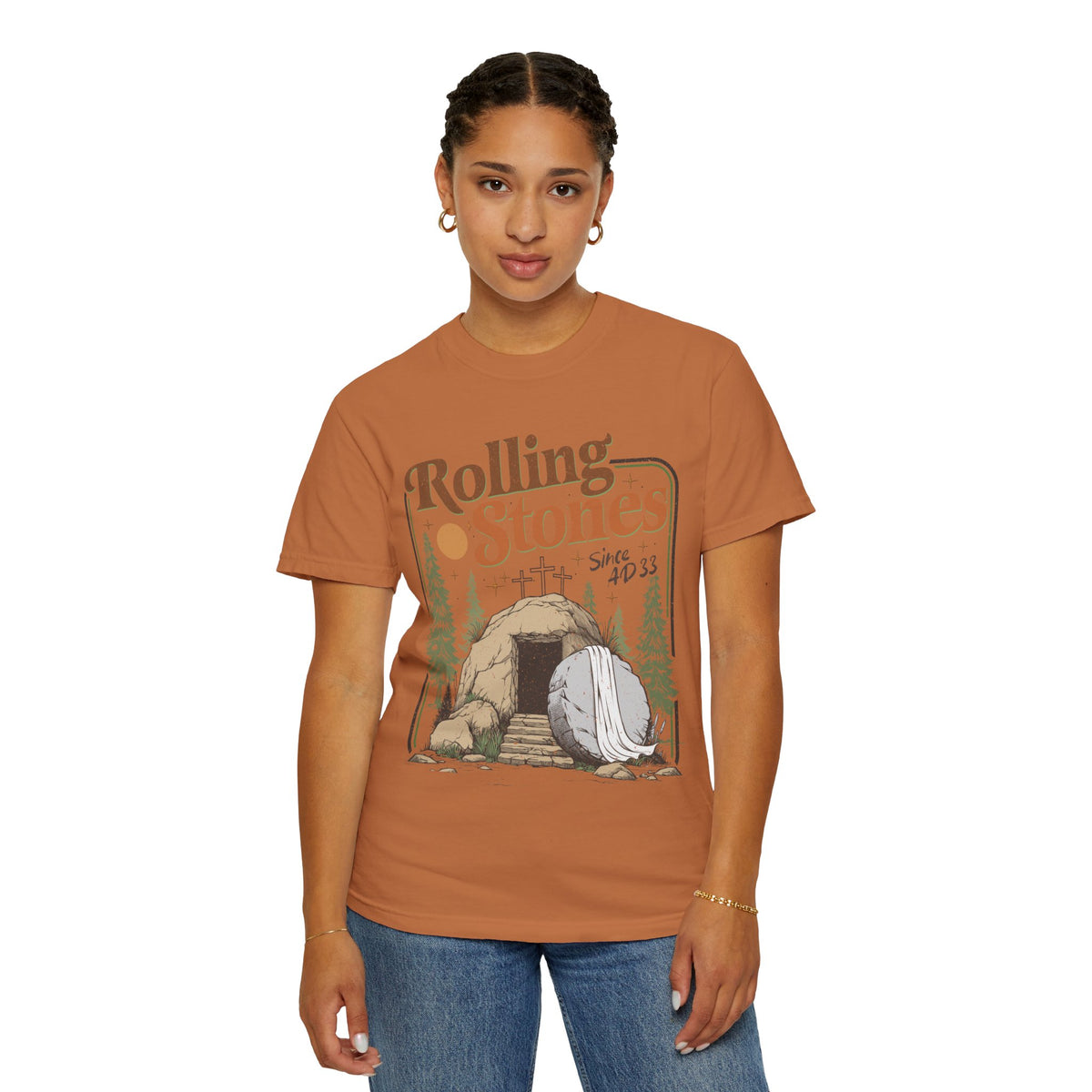 Rolling Stones "Since AD 33" Easter Empty Tomb Christian - Comfort Colors | Trendy Men's and Women's T-Shirt. Direct to Garment. Printed & Shipped in the USA. Unisex Sizes.