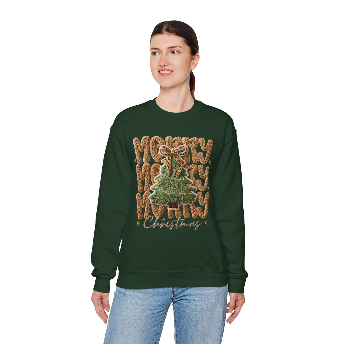 Merry Merry Merry Christmas, Faux Latch Hook Yarn – Gildan Heavy Blend | Trendy Women’s Soft Sweatshirt. Direct to Garment. Printed & Shipped in the USA. Unisex Sizes.