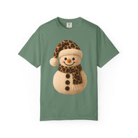 Cute Leopard Faux Knit Snowman Winter - Comfort Colors | Trendy Women's T-Shirt. Direct to Garment. Printed & Shipped in the USA. Unisex Sizes.