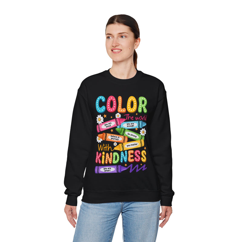 Color the World With Kindness Crayons, Great Teacher Gift – Gildan Heavy Blend | Trendy Women’s and Men's Soft Sweatshirt. Direct to Garment. Printed & Shipped in the USA. Unisex Sizes.