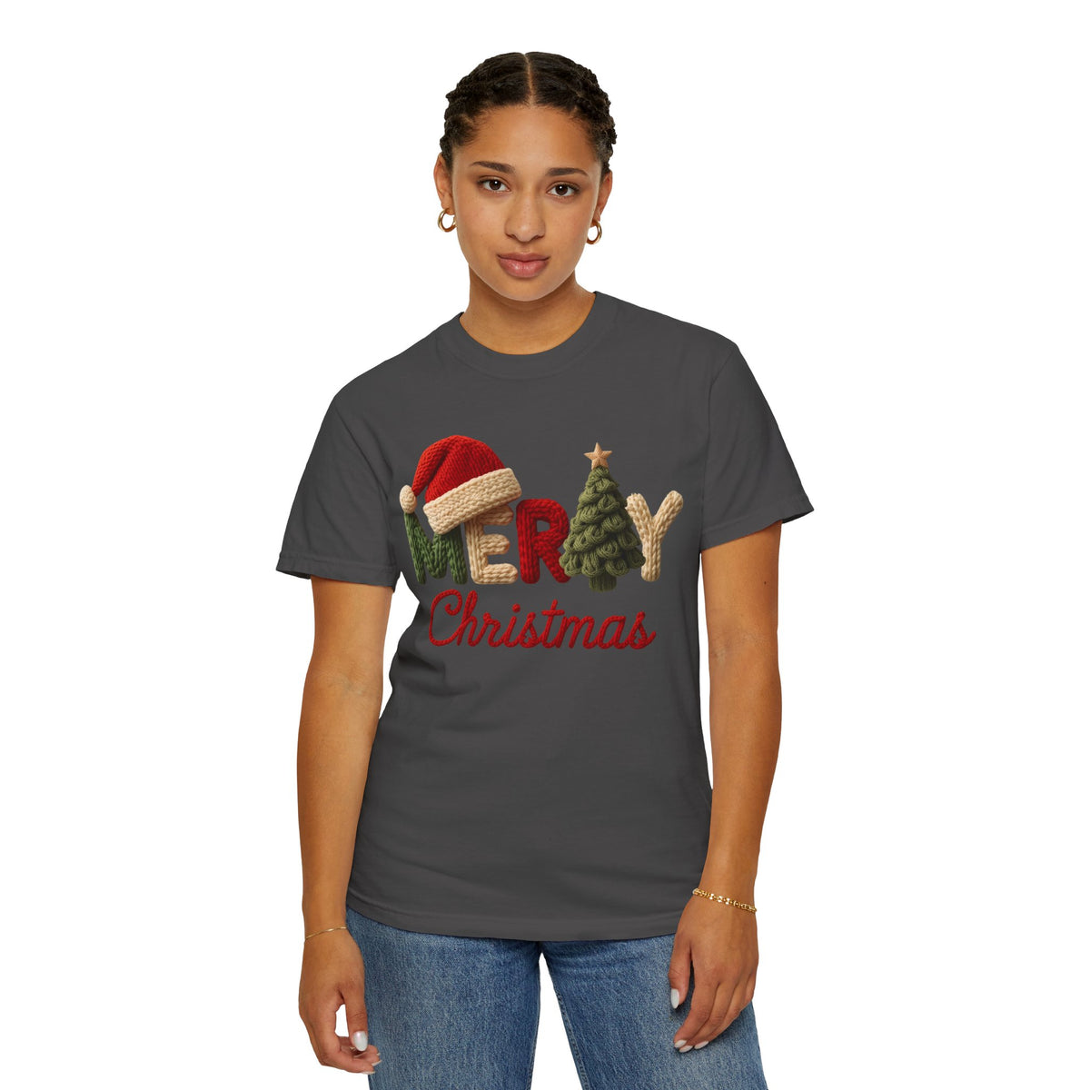 Merry Christmas Faux Yarn w/Santa Hat & Tree - Comfort Colors | Trendy Women's T-Shirt. Direct to Garment. Printed & Shipped in the USA. Unisex Sizes.