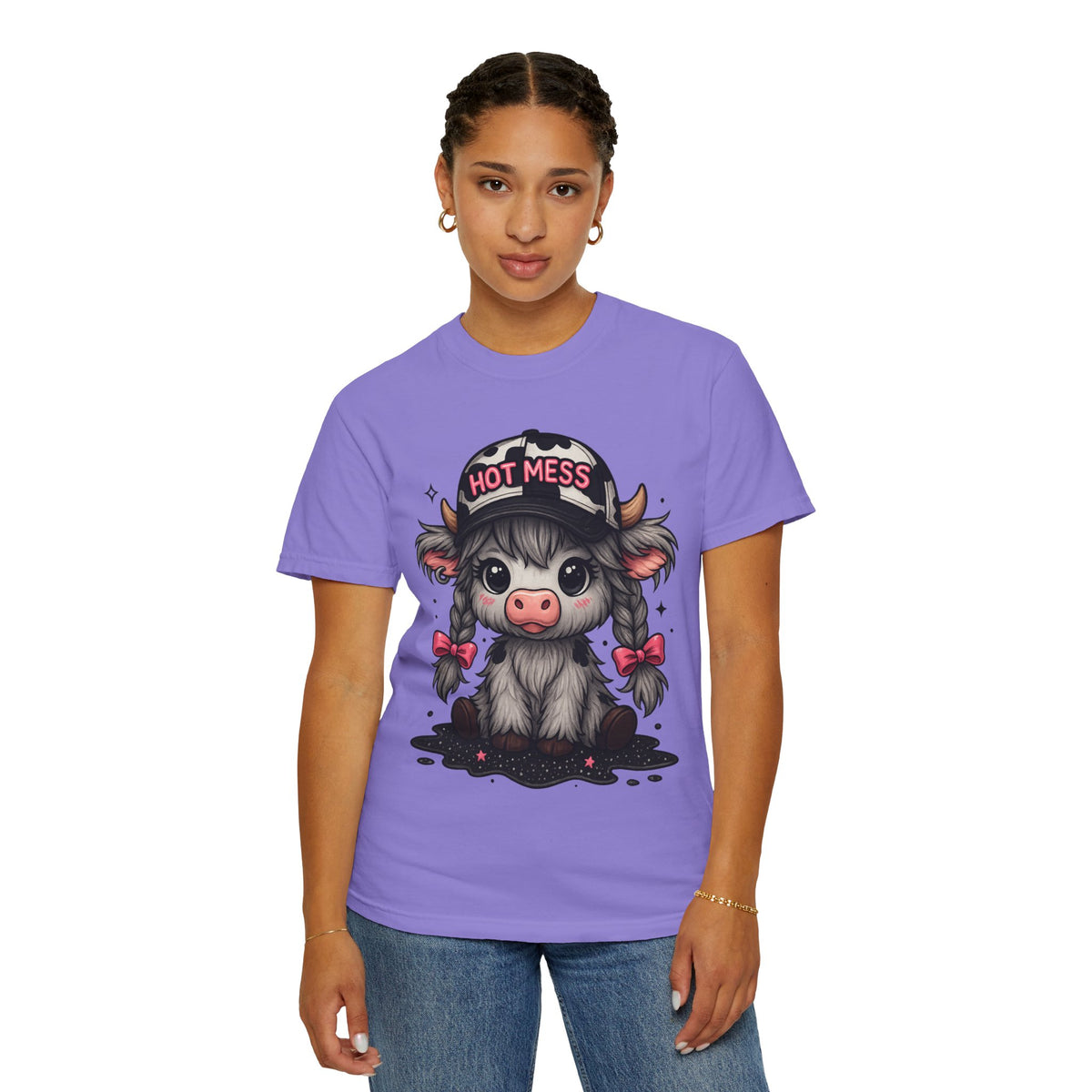 Cute Highland Cow 'Hot Mess' In Braids  - Comfort Colors | Trendy Women's T-Shirt. Direct to Garment. Printed & Shipped in the USA. Unisex Sizes.