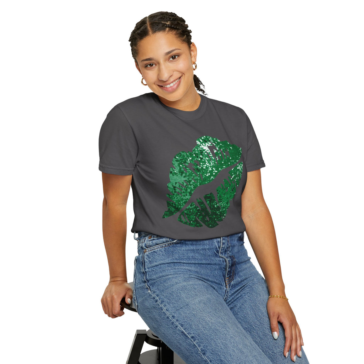 Green Faux Glitter Kiss - Comfort Colors | Trendy Women's T-Shirt. Direct to Garment. Printed & Shipped in the USA. Unisex Sizes.