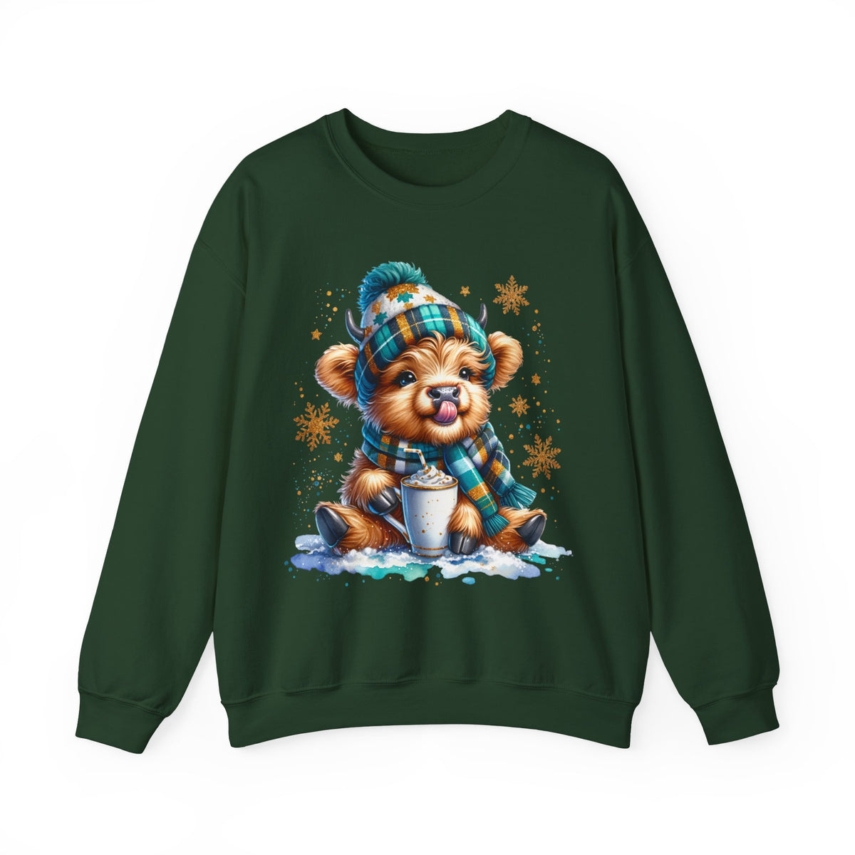 Winter Baby Highland Cow with Cocoa – Gildan Heavy Blend | Trendy Women’s Soft Sweatshirt. Direct to Garment. Printed & Shipped in the USA. Unisex Sizes.