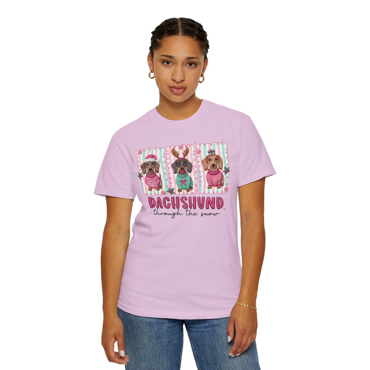 Dachshund Through the Snow - Comfort Colors | Trendy Women's T-Shirt. Direct to Garment. Printed & Shipped in the USA. Unisex Sizes.