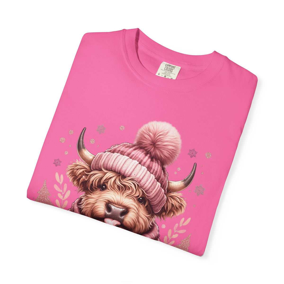 Cozy Highland Cow, Winter Coffee Mug & Scarf - Comfort Colors | Trendy Women's T-Shirt. Direct to Garment. Printed & Shipped in the USA. Unisex Sizes.
