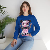 Cute But Feral, Possum in Pink Bibs – Gildan Heavy Blend | Trendy Women’s Soft Sweatshirt. Direct to Garment. Printed & Shipped in the USA. Unisex Sizes.