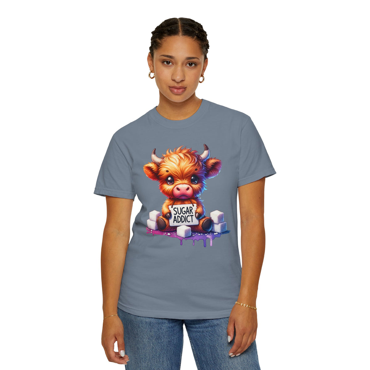 Sugar Addict Highland Cow - Comfort Colors | Trendy Women's T-Shirt. Direct to Garment. Printed & Shipped in the USA. Unisex Sizes.