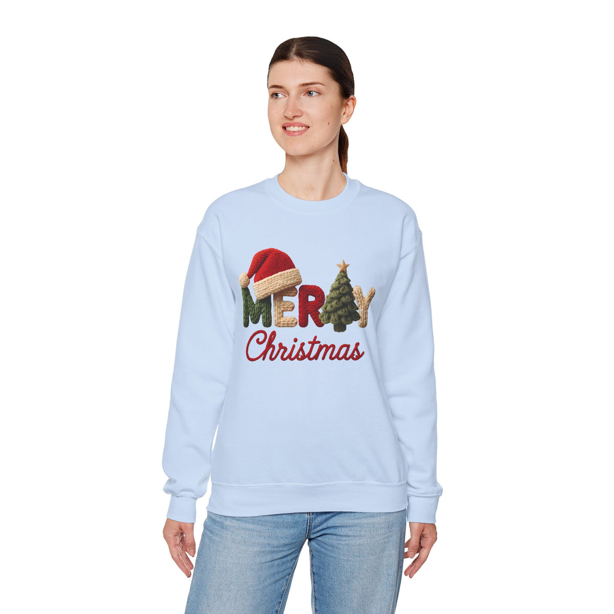 Merry Christmas Faux Yarn w/Santa Hat & Tree – Gildan Heavy Blend | Trendy Women’s Soft Sweatshirt. Direct to Garment. Printed & Shipped in the USA. Unisex Sizes.