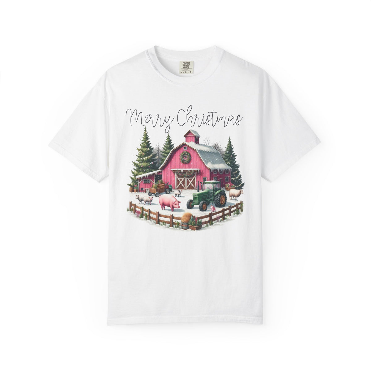 Merry Christmas Pink Barn Farm Animals - Comfort Colors | Trendy Women's T-Shirt. Direct to Garment. Printed & Shipped in the USA. Unisex Sizes.