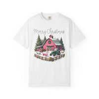 Merry Christmas Pink Barn Farm Animals - Comfort Colors | Trendy Women's T-Shirt. Direct to Garment. Printed & Shipped in the USA. Unisex Sizes.