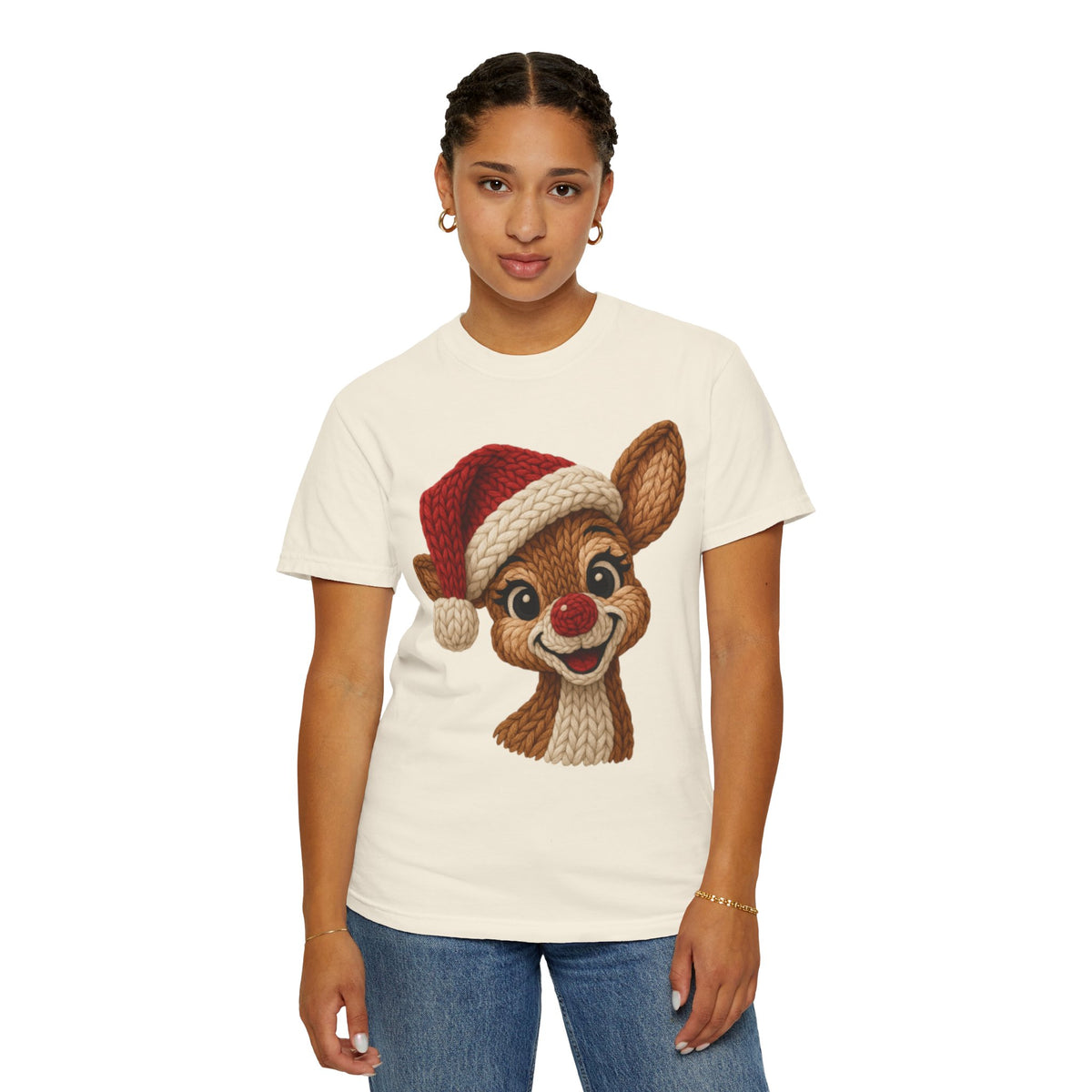 Cute Rudolph Faux Knit Look Reindeer w/Santa Hat - Comfort Colors | Trendy Women's T-Shirt. Direct to Garment. Printed & Shipped in the USA. Unisex Sizes.