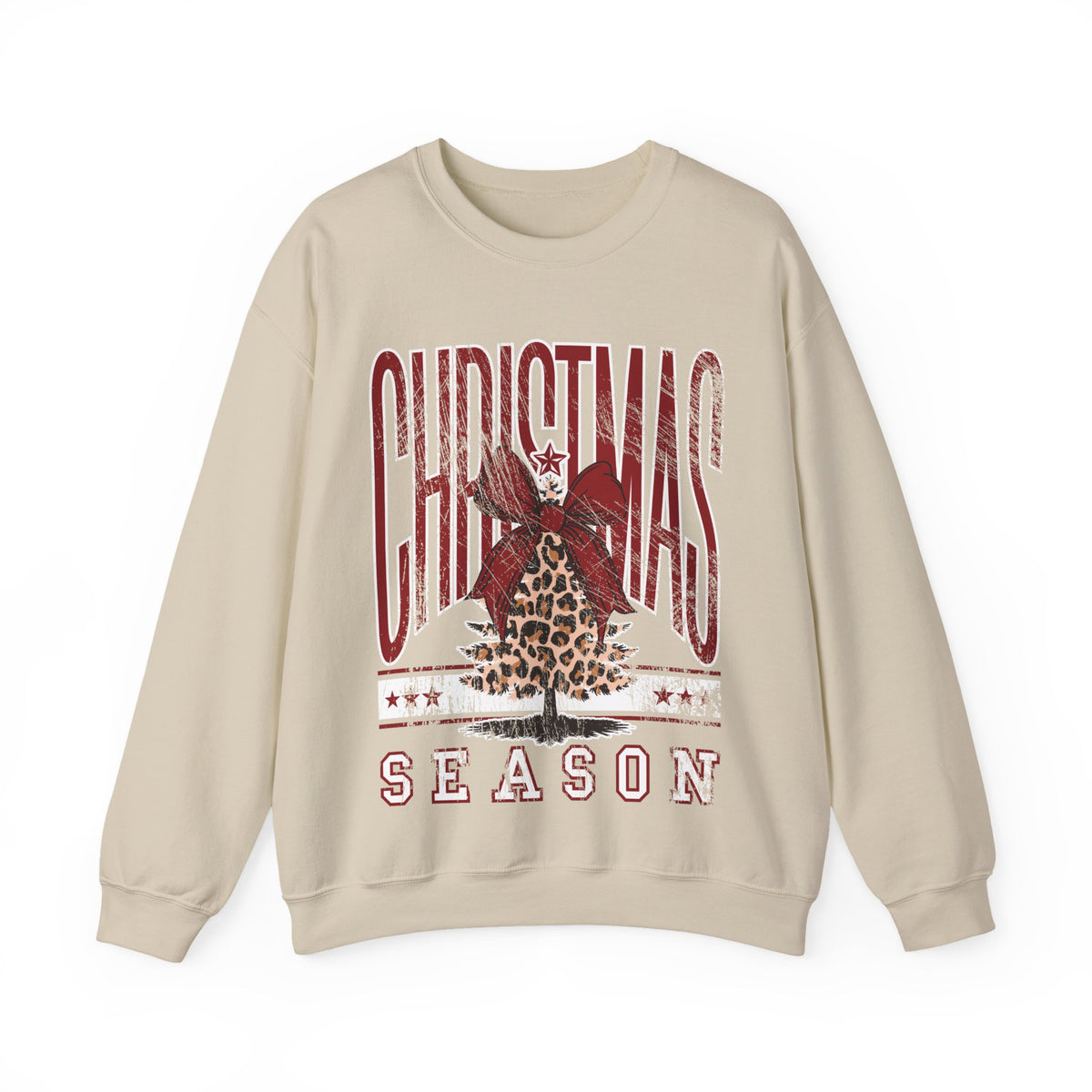 Christmas Season Leopard Tree Distressed – Gildan Heavy Blend | Trendy Women’s Soft Sweatshirt. Direct to Garment. Printed & Shipped in the USA. Unisex Sizes.