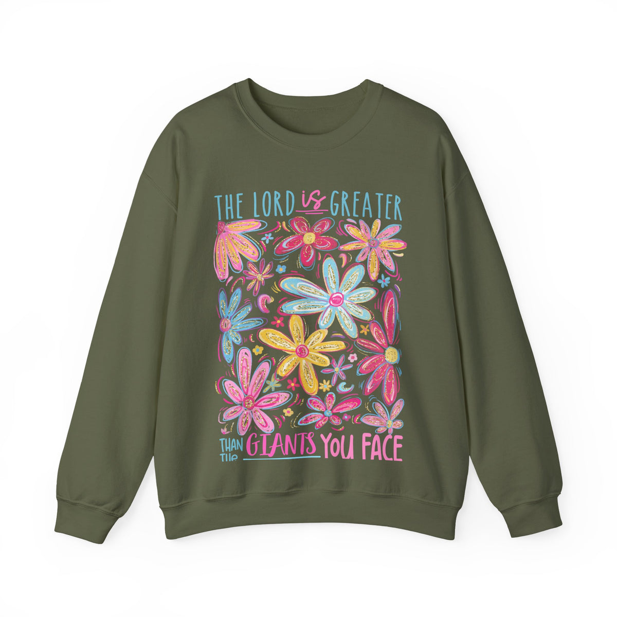 The Lord Is Greater Than The Giants You Face – Gildan Heavy Blend | Trendy Women’s Soft Sweatshirt. Direct to Garment. Printed & Shipped in the USA. Unisex Sizes.