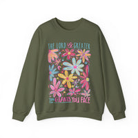 The Lord Is Greater Than The Giants You Face – Gildan Heavy Blend | Trendy Women’s Soft Sweatshirt. Direct to Garment. Printed & Shipped in the USA. Unisex Sizes.