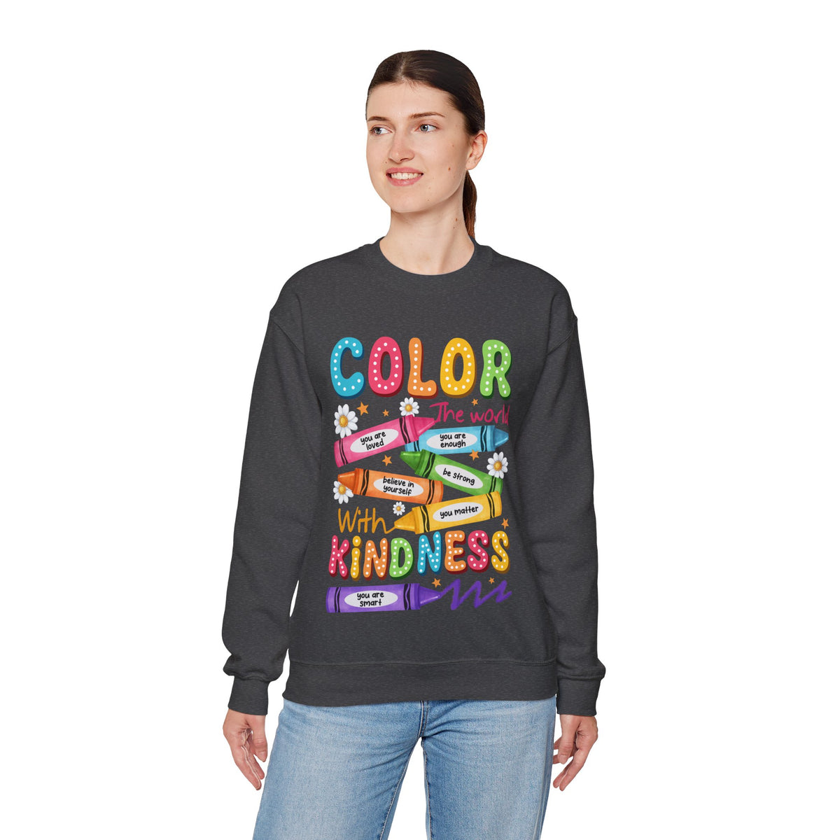 Color the World With Kindness Crayons, Great Teacher Gift – Gildan Heavy Blend | Trendy Women’s and Men's Soft Sweatshirt. Direct to Garment. Printed & Shipped in the USA. Unisex Sizes.
