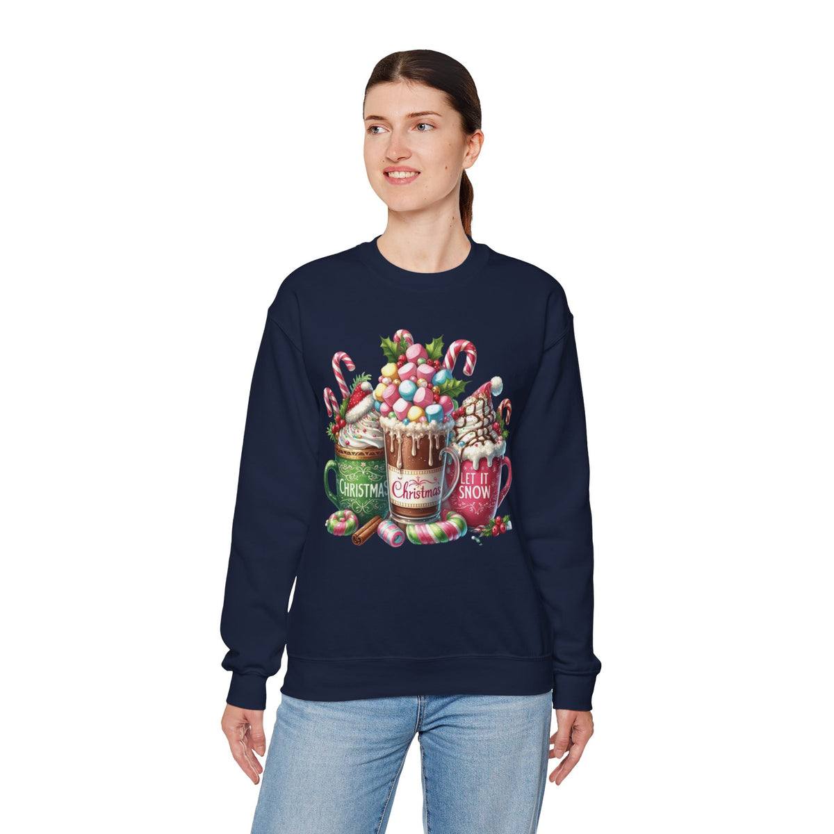 Hot Chocolate Mugs Christmas Hot Cocoa – Gildan Heavy Blend | Trendy Women’s Soft Sweatshirt. Direct to Garment. Printed & Shipped in the USA. Unisex Sizes.