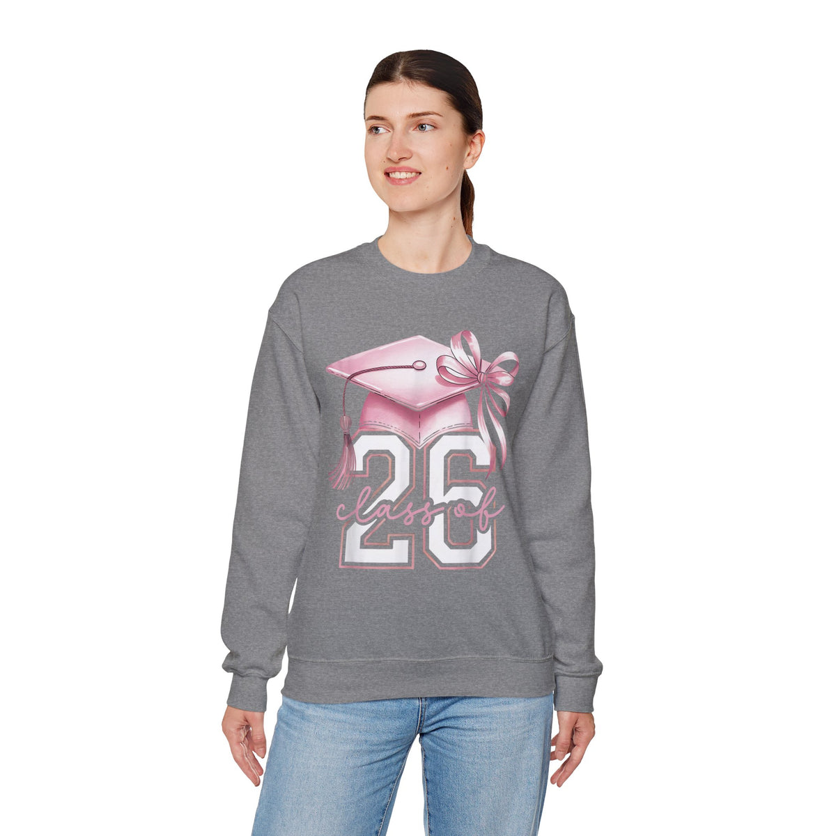 Pink Coquette, Class of 2026 26 Graduation, Pink Cap – Gildan Heavy Blend | Trendy Women’s Soft Sweatshirt. Direct to Garment. Printed & Shipped in the USA. Unisex Sizes.