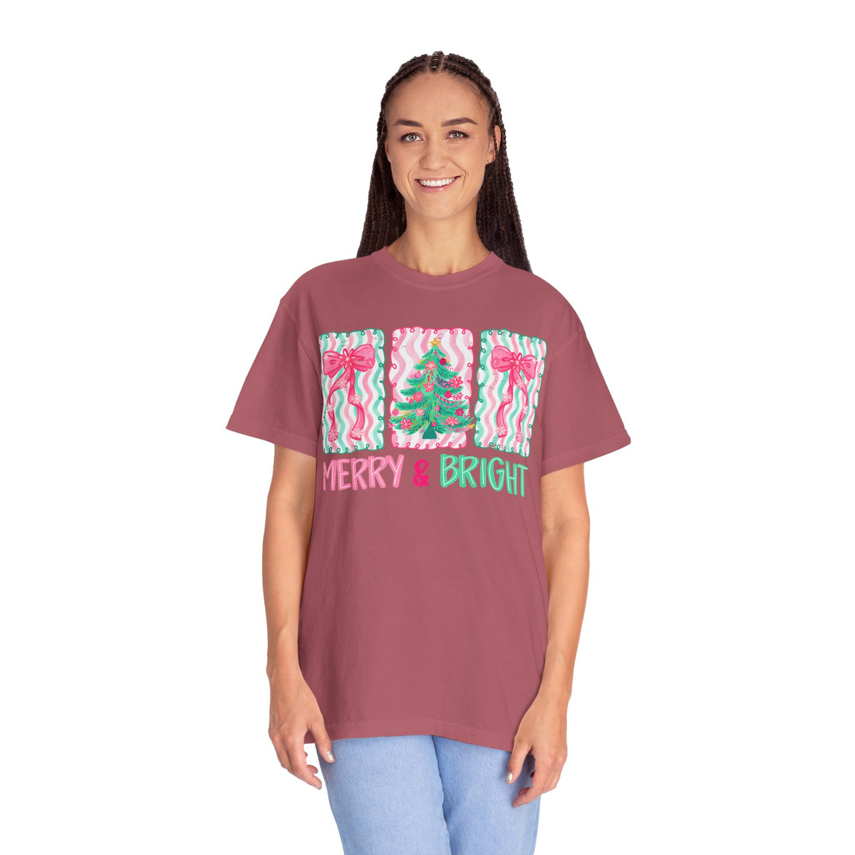 Merry & Bright Christmas — Pink & Green Holiday Tree Design - Comfort Colors | Trendy Women's T-Shirt. Direct to Garment. Printed & Shipped in the USA. Unisex Sizes.