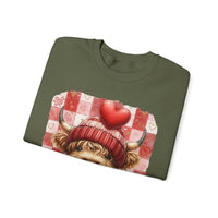 Highland Cow Be Mine, Red Checkered – Gildan Heavy Blend | Trendy Women’s Soft Sweatshirt. Direct to Garment. Printed & Shipped in the USA. Unisex Sizes.