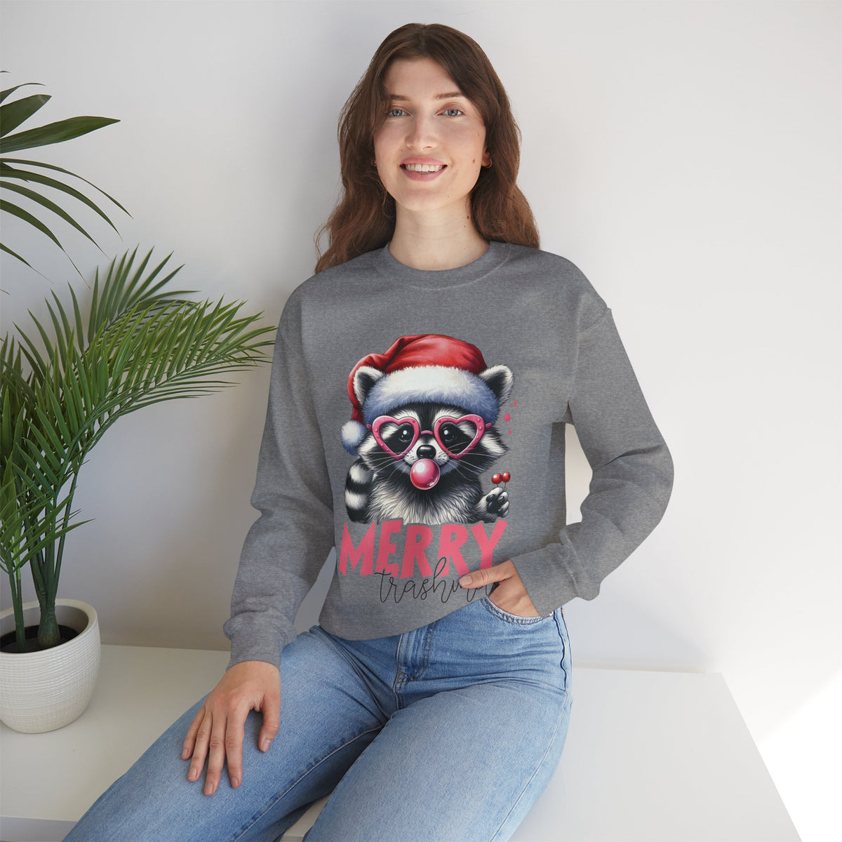 Merry Trashmas Bubblegum Raccoon w/Santa Hat Christmas – Gildan Heavy Blend | Trendy Women’s Soft Sweatshirt. Direct to Garment. Printed & Shipped in the USA. Unisex Sizes.