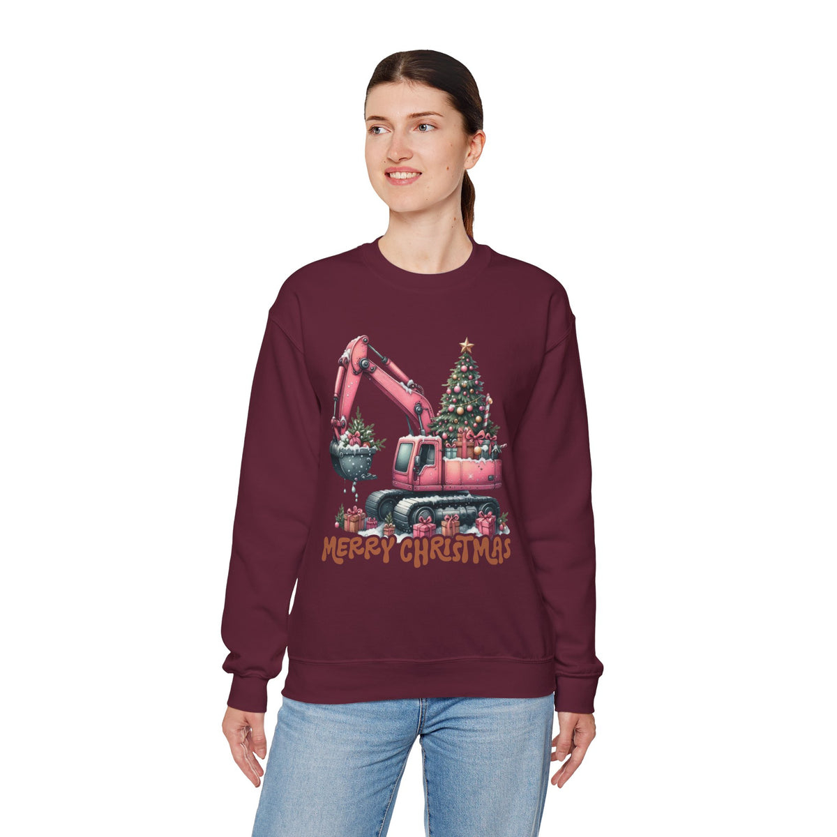 Excavator Merry Christmas Construction – Gildan Heavy Blend | Trendy Women’s Soft Sweatshirt. Direct to Garment. Printed & Shipped in the USA. Unisex Sizes.