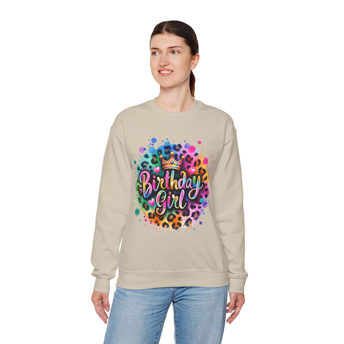 Birthday Girl, Neon Leopard – Gildan Heavy Blend | Trendy Women’s Soft Sweatshirt. Direct to Garment. Printed & Shipped in the USA. Unisex Sizes.