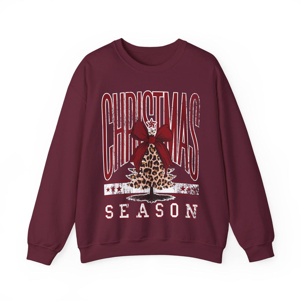 Christmas Season Leopard Tree Distressed – Gildan Heavy Blend | Trendy Women’s Soft Sweatshirt. Direct to Garment. Printed & Shipped in the USA. Unisex Sizes.