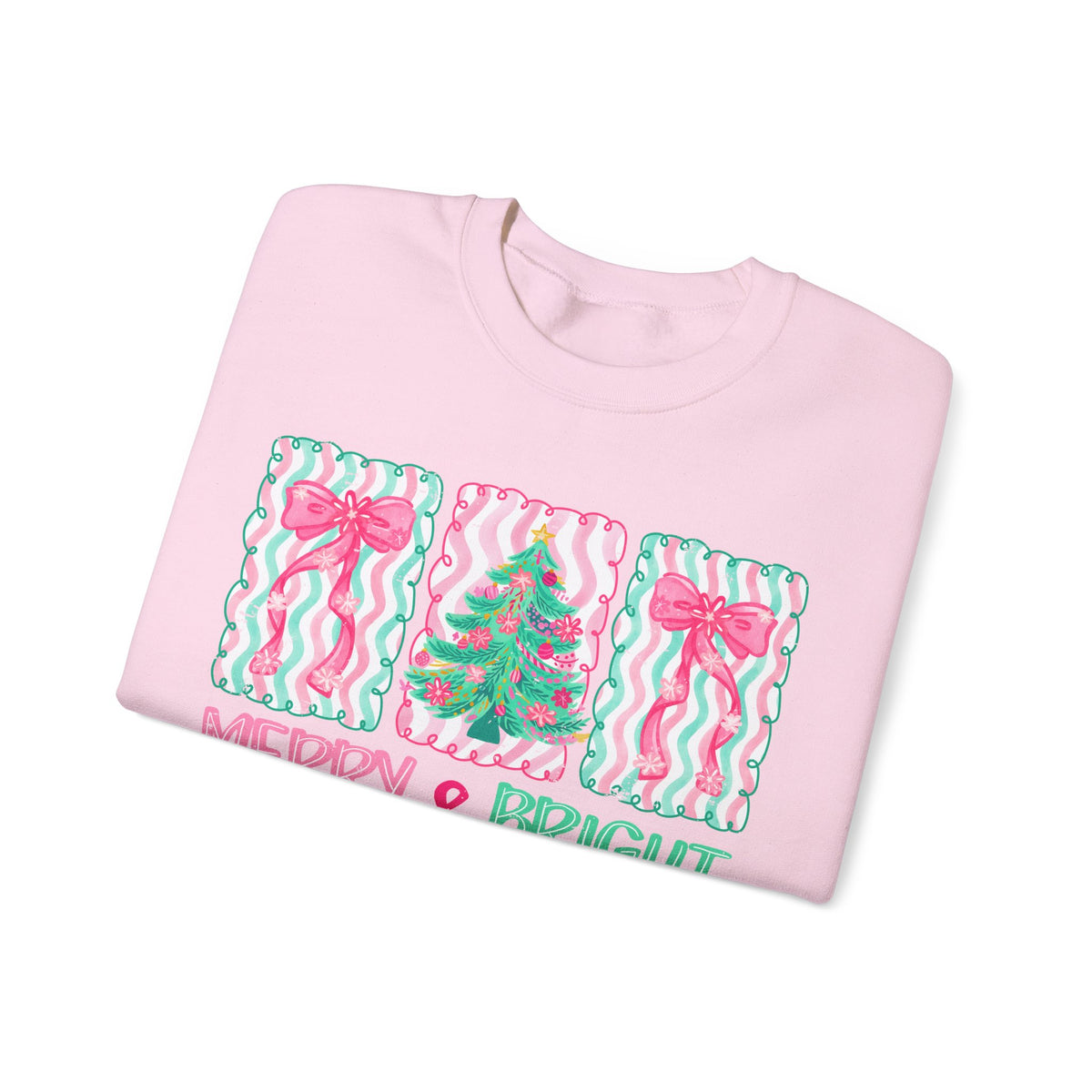 Merry & Bright Christmas - Pink & Green Holiday Tree Design – Gildan Heavy Blend | Trendy Women’s Soft Sweatshirt. Direct to Garment. Printed & Shipped in the USA. Unisex Sizes.