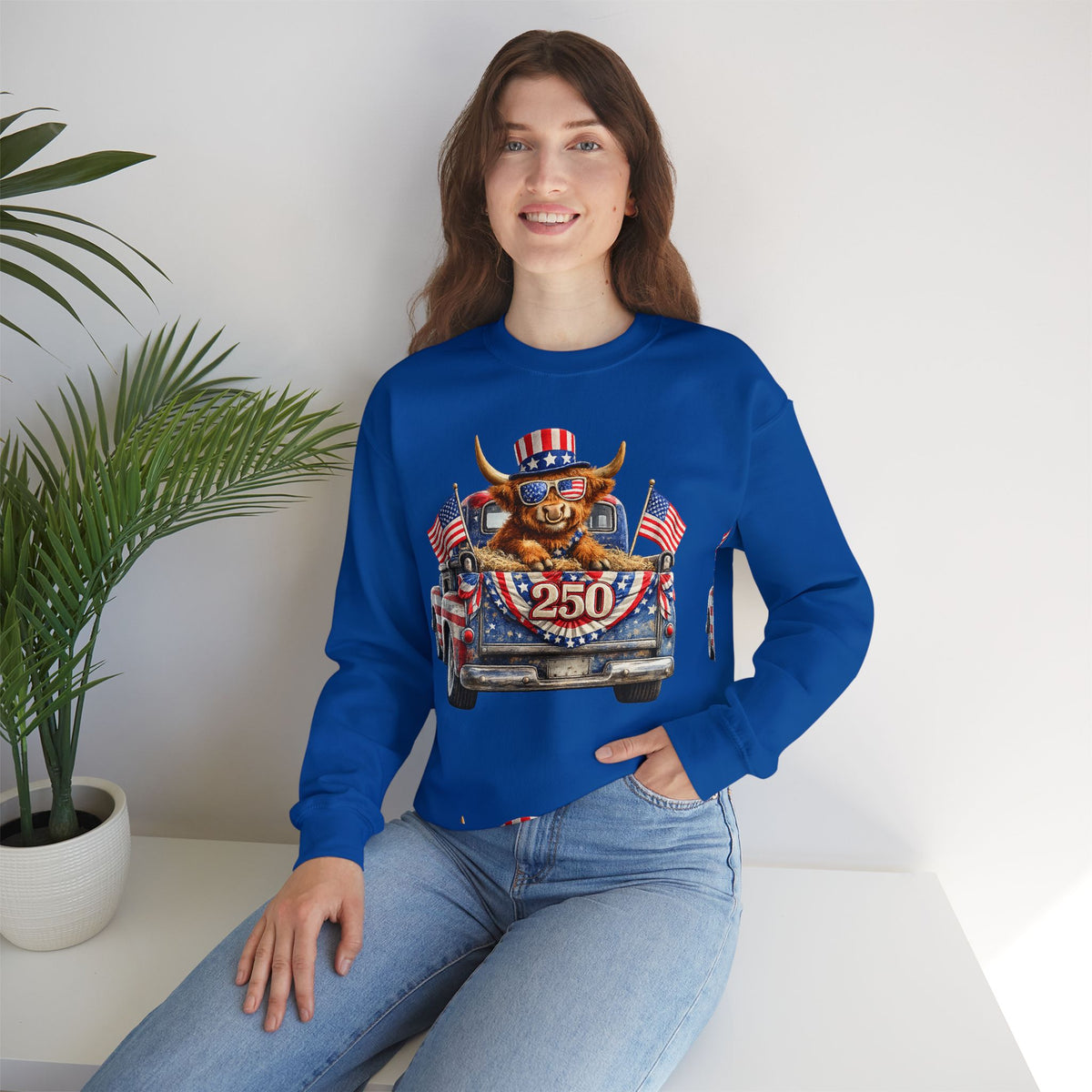 Patriotic Highland, America's 250th Birthday – Gildan Heavy Blend | Trendy Women’s and Men's Soft Sweatshirt. Direct to Garment. Printed & Shipped in the USA. Unisex Sizes.