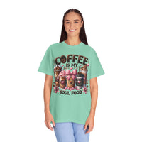 Coffee Is My Soul Food, Iced Coffee, Pink Bow - Comfort Colors | Trendy Women's T-Shirt. Direct to Garment. Printed & Shipped in the USA. Unisex Sizes.