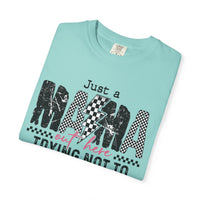 Just a Mama Out Here Trying Not To Raise Assholes - Comfort Colors | Trendy Women's T-Shirt. Direct to Garment. Printed & Shipped in the USA. Unisex Sizes.