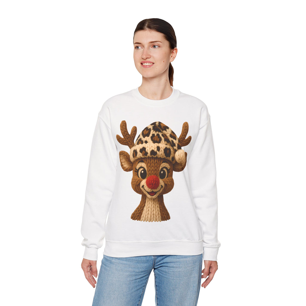Rudolph Reindeer Leopard Santa Hat Christmas – Gildan Heavy Blend | Trendy Women’s Soft Sweatshirt. Direct to Garment. Printed & Shipped in the USA. Unisex Sizes.