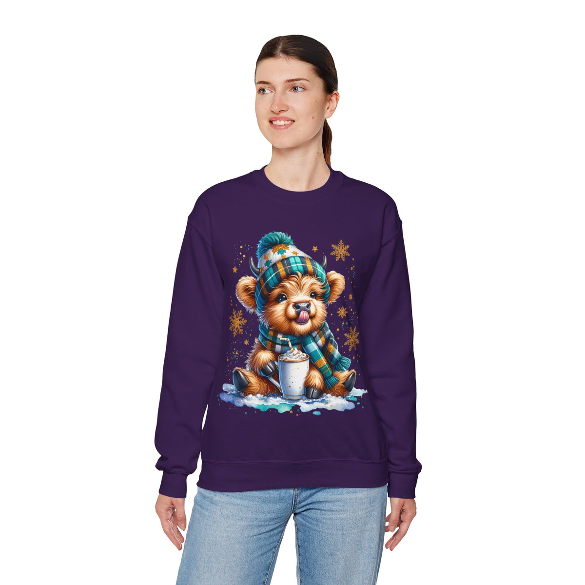 Winter Baby Highland Cow with Cocoa – Gildan Heavy Blend | Trendy Women’s Soft Sweatshirt. Direct to Garment. Printed & Shipped in the USA. Unisex Sizes.