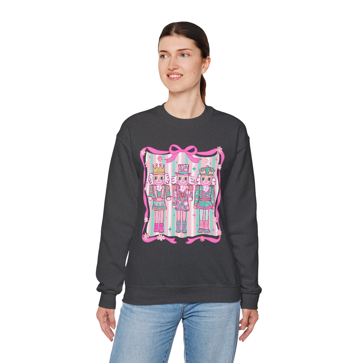 Coquette Pastel Christmas Nutcracker Trio Pink and Green – Gildan Heavy Blend | Trendy Women’s Soft Sweatshirt. Direct to Garment. Printed & Shipped in the USA. Unisex Sizes.