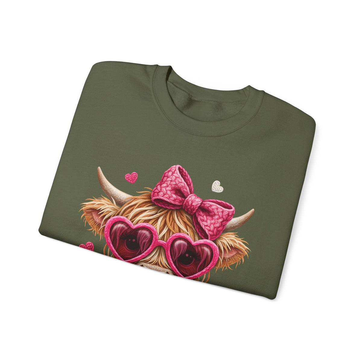 Highland Cow - Pink Heart Shaped Glasses – Gildan Heavy Blend | Trendy Women’s Soft Sweatshirt. Direct to Garment. Printed & Shipped in the USA. Unisex Sizes.
