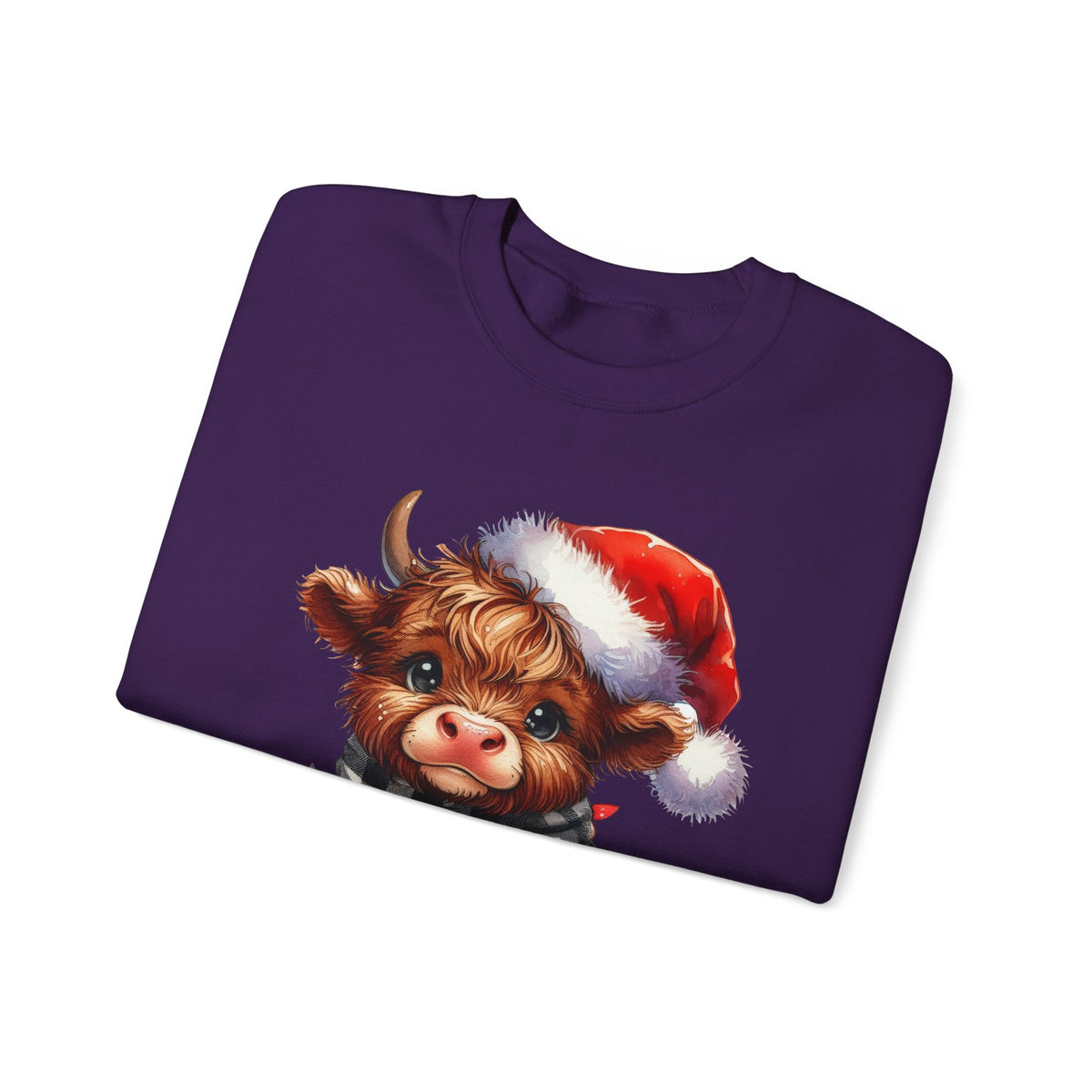 Cute Highland Cow Santa Hat Scarf Christmas Lights – Gildan Heavy Blend | Trendy Women’s Soft Sweatshirt. Direct to Garment. Printed & Shipped in the USA. Unisex Sizes.