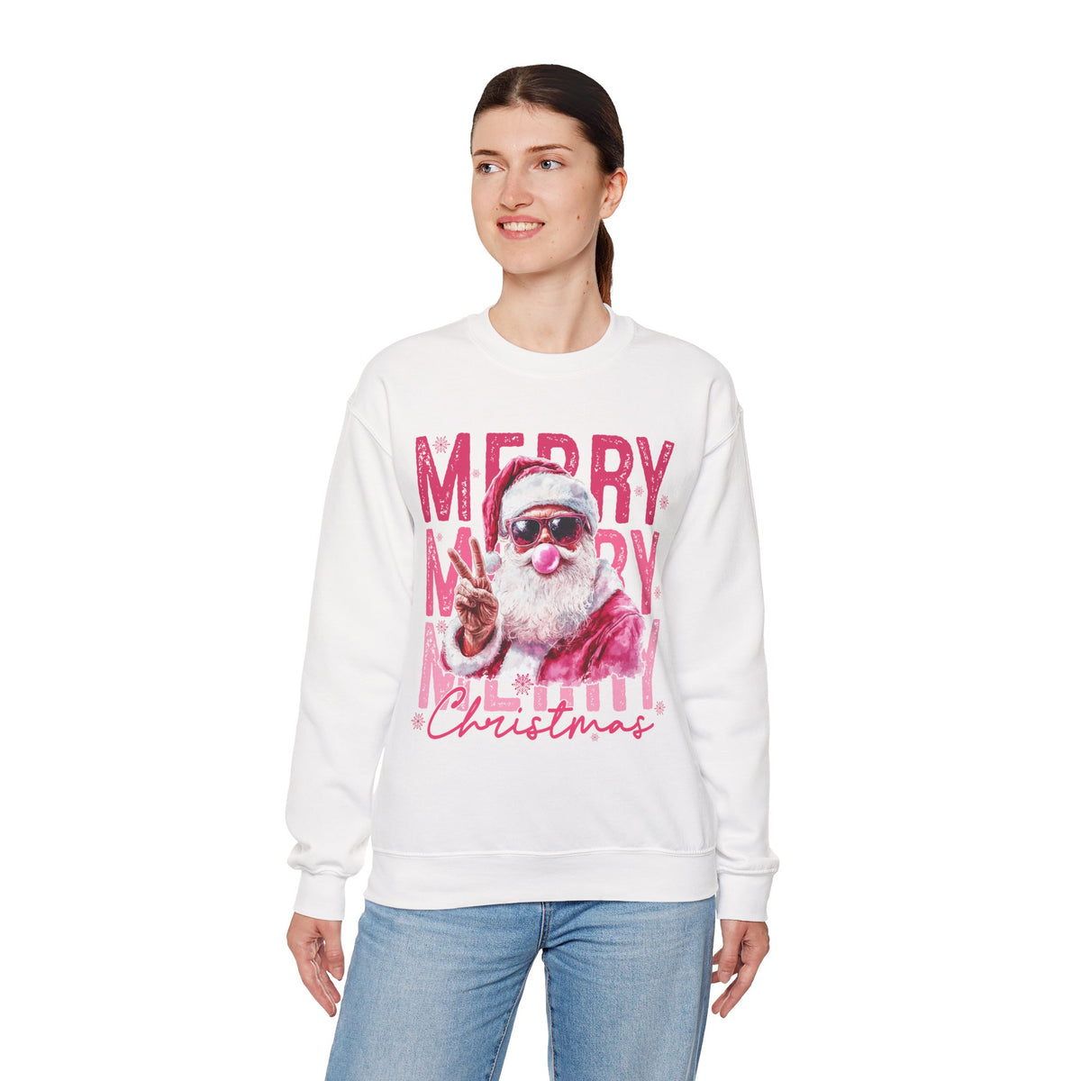 Pink Merry Christmas Bubblegum Santa – Gildan Heavy Blend | Trendy Women’s Soft Sweatshirt. Direct to Garment. Printed & Shipped in the USA. Unisex Sizes.
