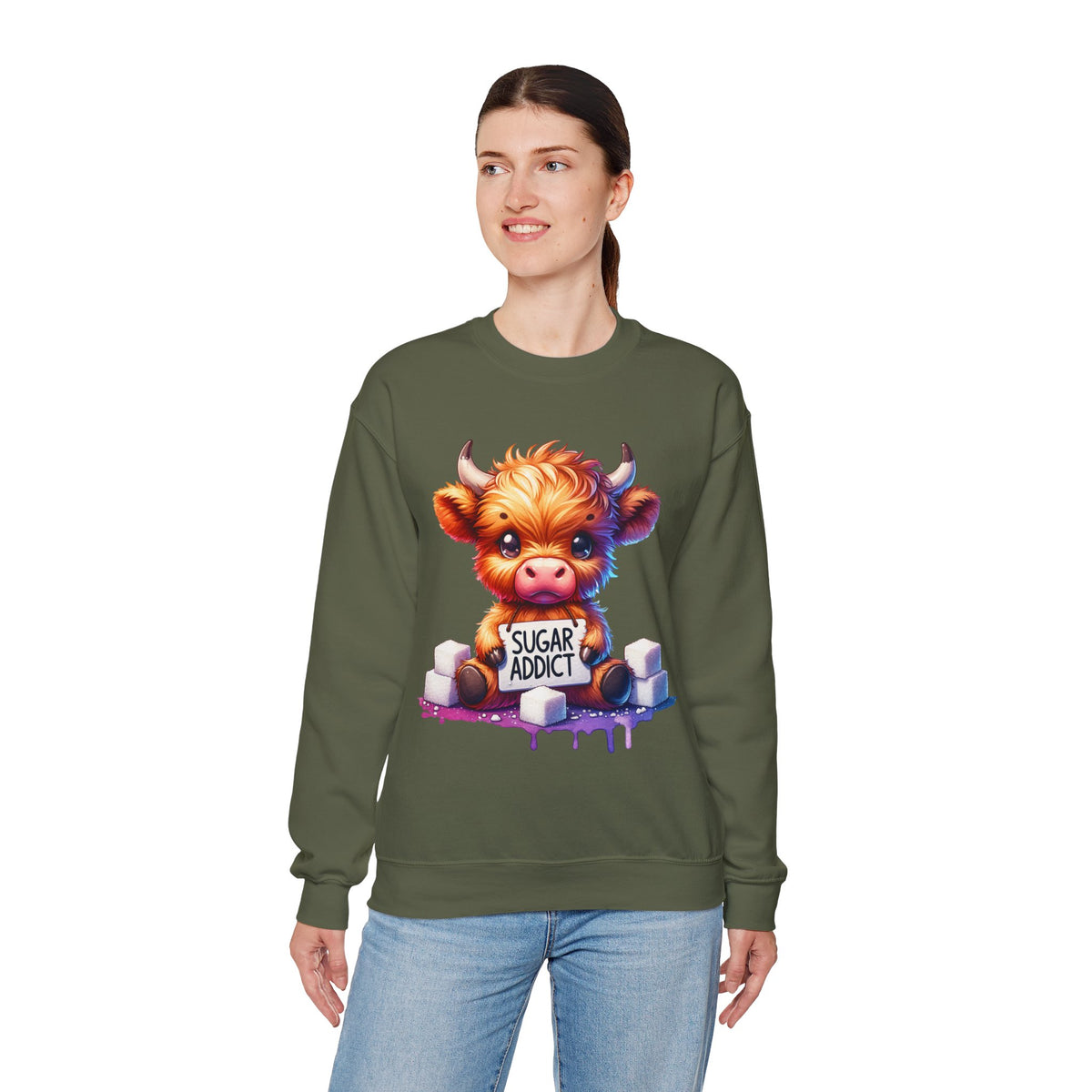 Sugar Addict Highland Cow – Gildan Heavy Blend | Trendy Women’s Soft Sweatshirt. Direct to Garment. Printed & Shipped in the USA. Unisex Sizes.