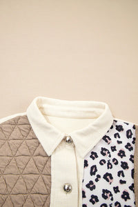 Khaki & Leopard Patchwork Quilted Button-Front Lightweight Jacket with Pockets